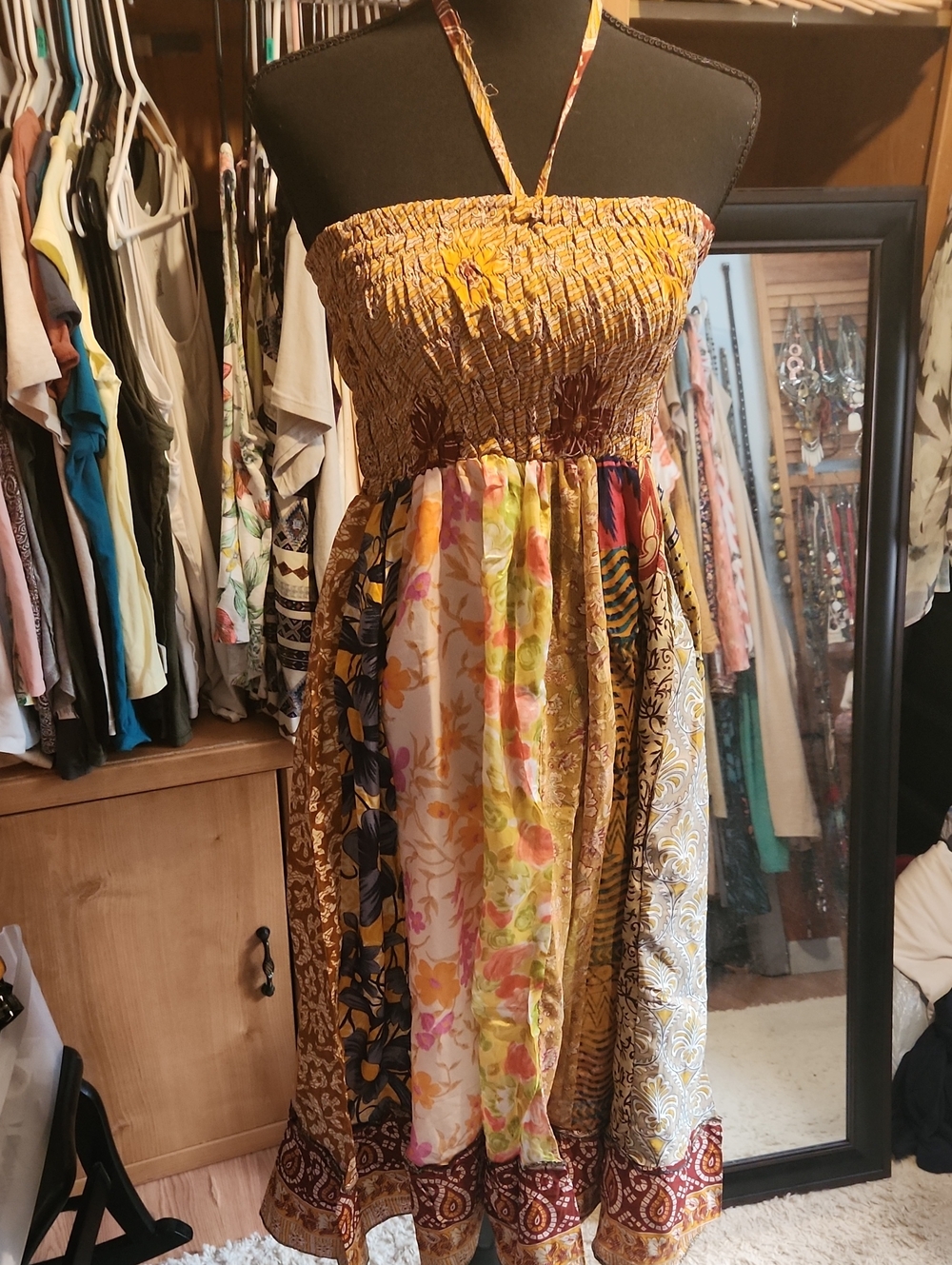 Boho Patchwork Strapless Maxi Dress in Mustard Floral